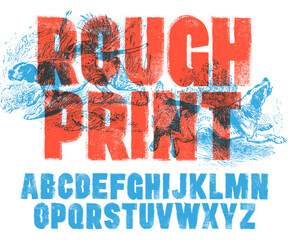 Letterpress Font with a Rough Mis-printed Letterpress and Rolled Ink texture. Bold condensed font. Highly detailed individually textured characters 