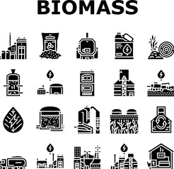 biomass energy plant power icons set vector. green gas, solar electric, wind generator, nuclear industry, factory bio biogas wood biomass energy plant power glyph pictogram Illustrations
