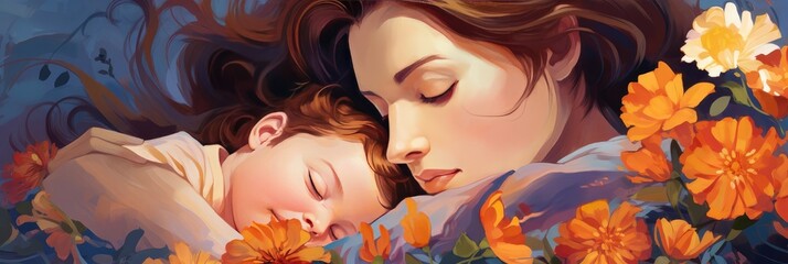 Illustration of mother with her child with flowers in the background. Concept of mothers day
