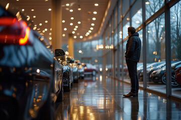 Buying a new car, man buyer client driver standing in a car dealership and looking at vehicles - obrazy, fototapety, plakaty
