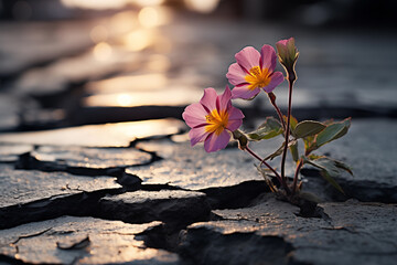 Wildflowers emerging through asphalt, a symbol of resilience