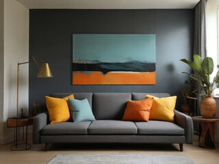 Comfort and style: gray wall with abstract geometric paintings