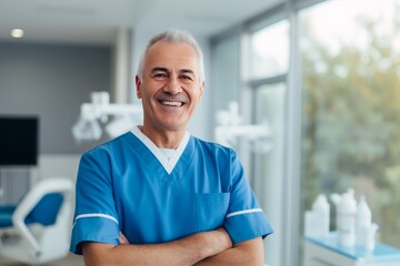 A practicing dentist smiles at the clinic. Adult male orthodontist surgeon stands in the office and is ready to receive hospital patients. Advertising of a dental clinic. Generative AI. - obrazy, fototapety, plakaty