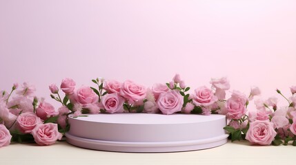 Pink presentation stand surrounded by pink flowers.