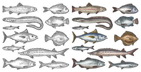 Whole fresh different types fish. Vector engraving vintage - obrazy, fototapety, plakaty