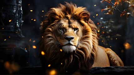 Portrait of a lion with a burning fire in the background.