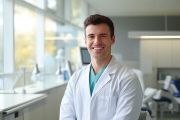 A practicing dentist smiles at the clinic. A young male orthodontist surgeon stands in the office and is ready to receive hospital patients. Advertising of a dental clinic. Generative AI.
