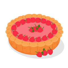 Vector of the National Raspberry Cream Pie Day. a whole sweet raspberry pie. Vector illustration of a fruit cake with fresh raspberries. A cake for Valentine's day, birthday, holidays.