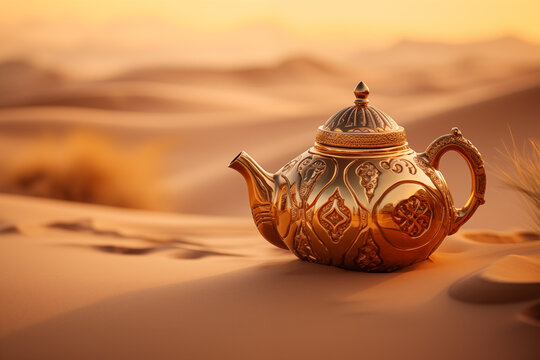 Gold teapot in desert dunes representing oriental themes