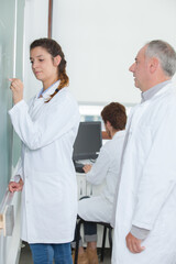 pretty young woman writing on green chalkboard in classroom