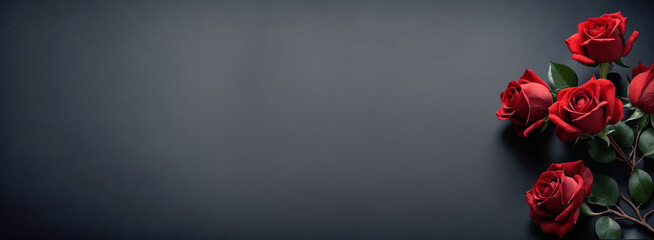 Red roses on black background, romantic banner, valentine's day, love, women's day, elegant event, panoramic luxury header with copy space. Generative AI.