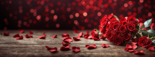 Red roses on black background, heart of roses, romantic banner, valentine's day, love, women's day, elegant event, panoramic luxury header with copy space. Generative AI. - obrazy, fototapety, plakaty