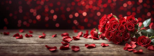 Foto auf Glas Red roses on black background, heart of roses, romantic banner, valentine's day, love, women's day, elegant event, panoramic luxury header with copy space. Generative AI. ©  DigitalMerchant