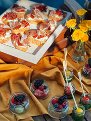 Backyard barbeque party at summer, elegant decoration, luxury catering, tasty and beautiful food