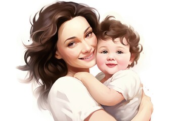 Illustration of mother with her child in white background. Concept of mothers day