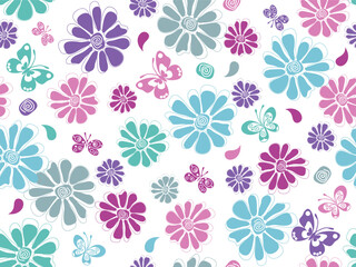 Vector hand drawn spring seamless pattern with pastel flowers and butterflies on a transparent background