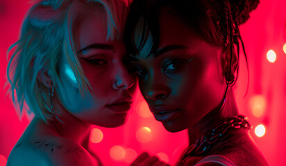 Fototapeta premium Couple in love, young interracial lesbian, intimate romantic valentine face portrait