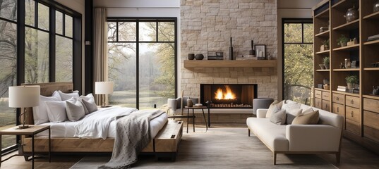 Modern bedroom with fireplace and large windows