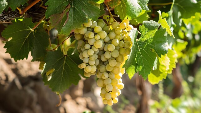 A cluster of pale grapes amidst the grape foliage in a vineyard of Canary Islands grapes.