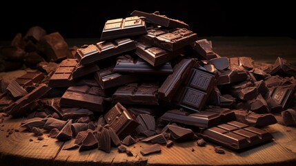 Many bits of rich cocoa. Dark chocolate in Pieces.
