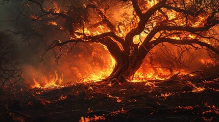 A blazing tree engulfed in inferno, spreading danger to nearby city roads and vehicles with inhabitants at risk.