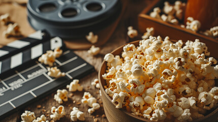 bucket of popcorn . movie night concept. flatlay. top view. copy space