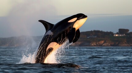 dolphin jumping in water, Illuminate the scene of an orca breaching the surface, forming a dramatic splash, with impeccable lighting accentuating the magnificence and power of this marine mammal