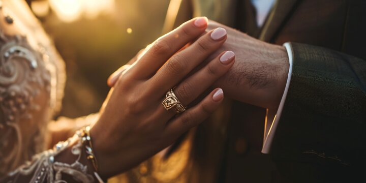 Intimate image of male holding female's hand with expensive engagement ring before asking for marriage. Lavish wedding bands.