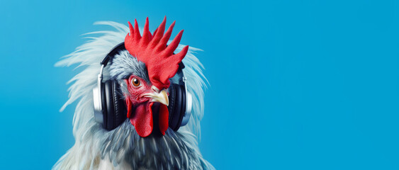 Rooster in headphones listens to music on a blue background with space for text