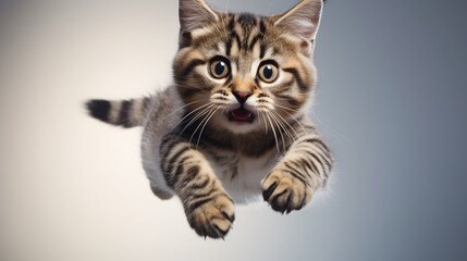 Amusing feline soaring through the air, snapshot of a mischievous striped kitty leaping in front of camera, backdrop with room for text.