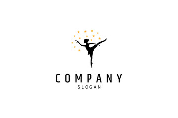 female ballet dancer silhouette logo decorated with stars in flat vector design style