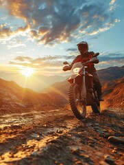 A skilled biker in complete gear riding an off-road motorcycle on a mountain road at sunset, with a 3D rendered backdrop, highlighting the idea of high-speed motor racing as a leisure activity.