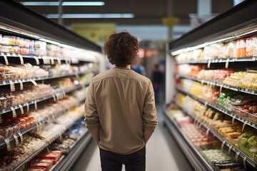 A young guy stands in a supermarket and chooses food in the frozen food department, sausage and cheese in the refrigerators. Male customer in a grocery store. Rear view. Generative AI. - obrazy, fototapety, plakaty