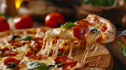 A delicious slice of pepperoni pizza has been cut and is being pulled from the pizza, showing the hot cheese stretching before breaking. 