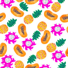 seamless background with fruits watercolor drawing seamless pattern pineapple tropical fruit papaya