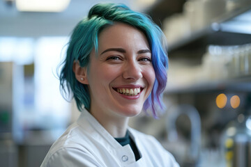 Joyful Female Microbiologist With Vibrant Blue Hair