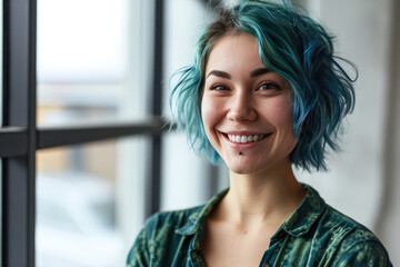 Smiling Woman Employee Project Manager With Blue Hair