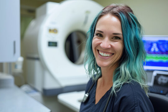 Smiling Woman Employee Radiation Therapist With Blue Hair