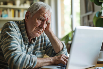 Amusing Frustration As Elderly Man Tries To Use Laptop - obrazy, fototapety, plakaty