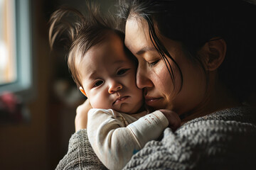Mother Embraces Her Baby Despite Battling Postpartum Depression - obrazy, fototapety, plakaty