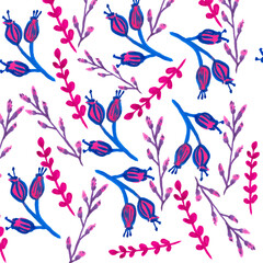seamless pattern with lavender rosehip flowers and different twigs