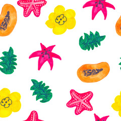 seamless pattern with papaya, pineapple, starfish and tropical flowers