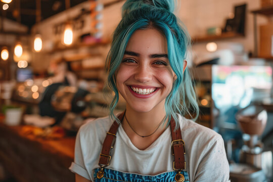 Smiling Female Employee With Blue Hair