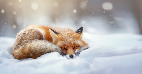 Fototapeta premium Arctic Dreamland, Captivating Vulpes Vulpes, the Red Fox Vixen, Enjoying a Calm Winter Nap in the Fresh White Snow During Winter. 