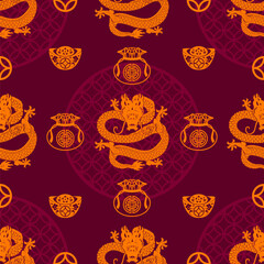 Seamless pattern happy chinese new year 2024 the dragon zodiac sign with asian elements paper cut style on color background. ( Translation : happy new year 2024 year of the dragon )