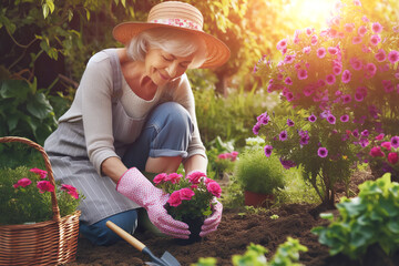 Mature woman plants flowers in garden. Concept gardening and lifestyle of retirees - obrazy, fototapety, plakaty