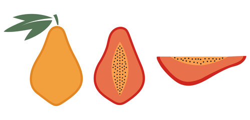 Summer fruits for healthy lifestyle. Papaya, whole fruit and half. Vector illustration cartoon