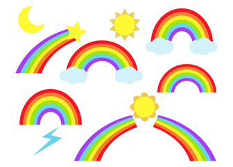 Cartoon rainbow, colorful tail. Hand drawn color bow vector illustration set.