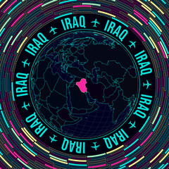 Iraq on globe. Satellite view of the world centered on Iraq. Bright neon style. Futuristic radial bricks background. Cool vector illustration.
