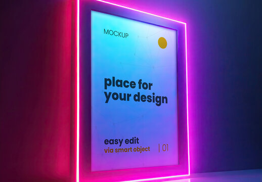 Neon Lights Frame Poster Mockup 02